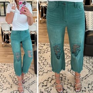 Washed Jade Green Distressed Light Weight Denim Wide Straight Jean - XL